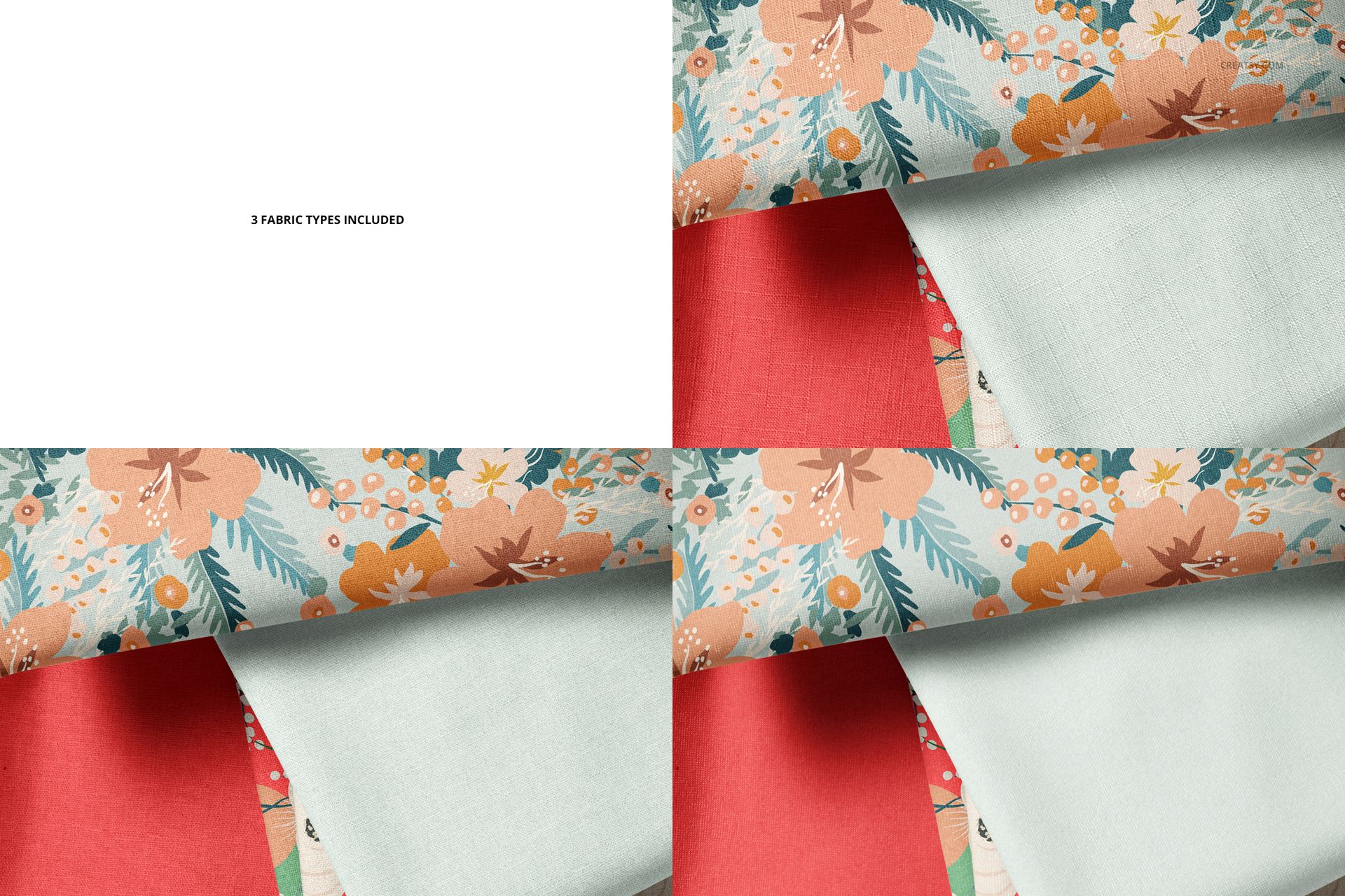 PSD mockup of three folded fabrics, each with a different surface: one floral, one solid red, and one solid light gray.