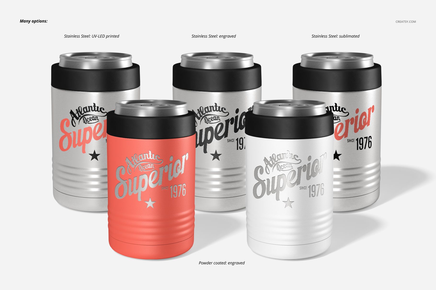 Group of beverage can cooler mockups in stainless steel and powder coated styles, shown from the front with engraved designs.