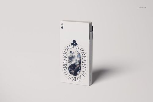 PSD mockup of a playing cards deck in a minimalist white box with blue decorative elements and floral illustration.