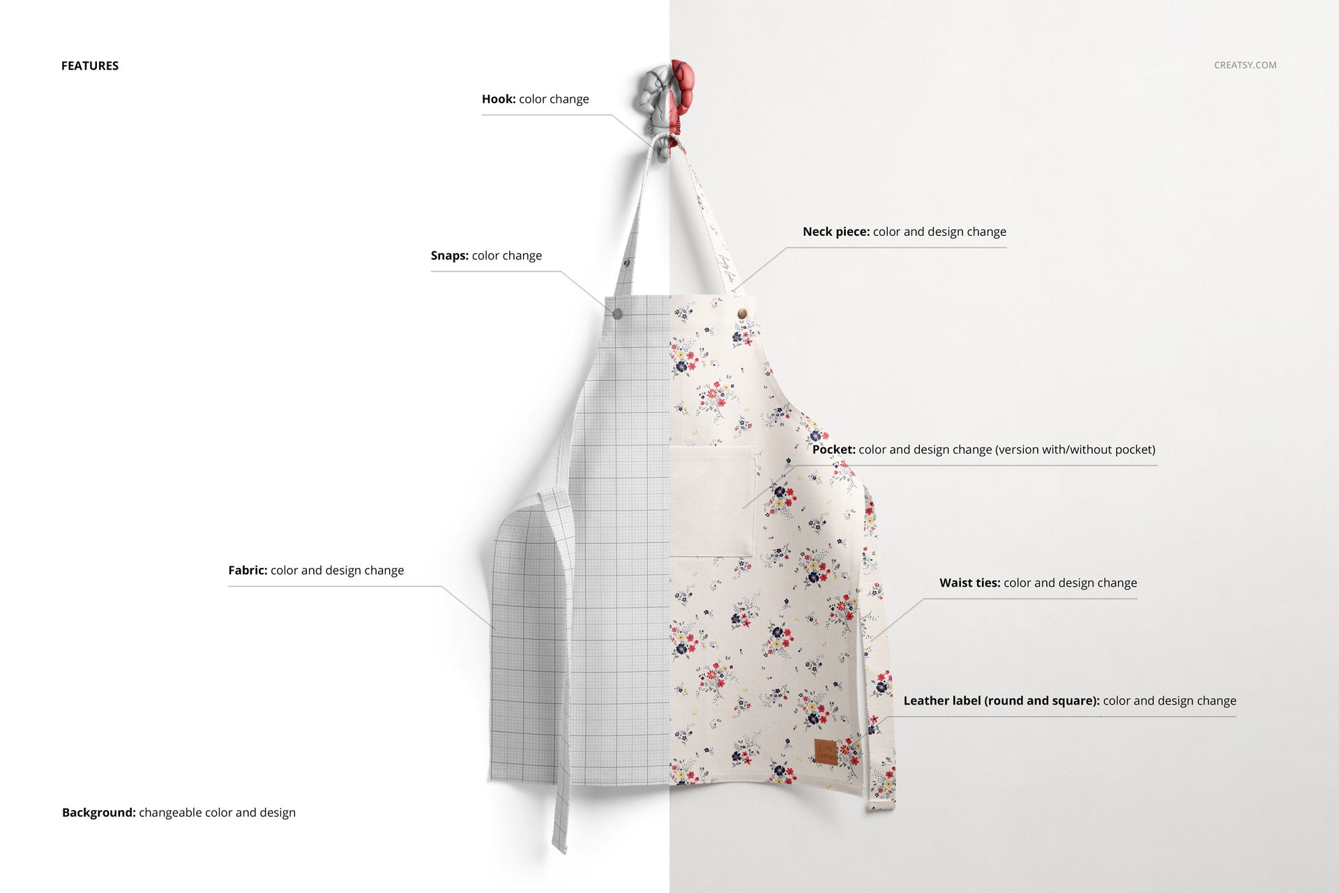 Kids apron mockup hanging on a hook, split design with floral pattern on one side and grid pattern on the other, front view.