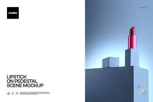 Lipstick displayed on a square pedestal with minimalist blocks, set against a gradient blue background in a PSD mockup.