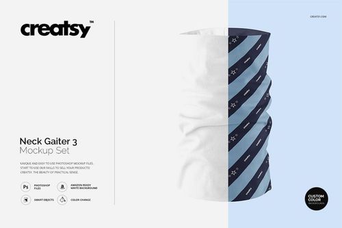 Front view of a neck gaiter mockup featuring a split design with solid white and blue sections, decorated with diagonal stripes and small stars.