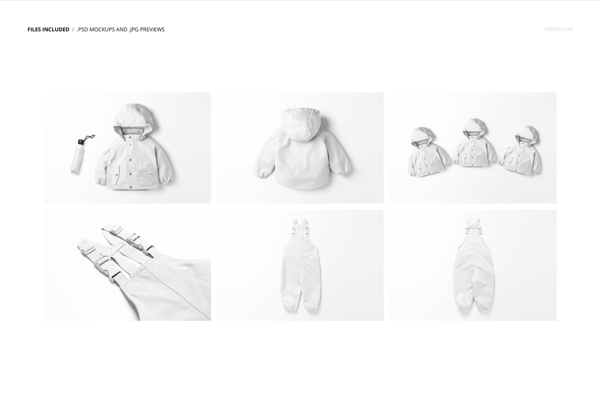 Kids rainwear mockup set featuring a jacket, overalls, and accessories displayed on a white background in various angles.