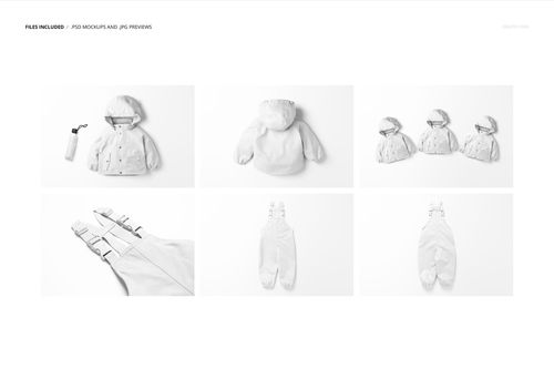 Kids rainwear mockup set featuring a jacket, overalls, and accessories displayed on a white background in various angles.