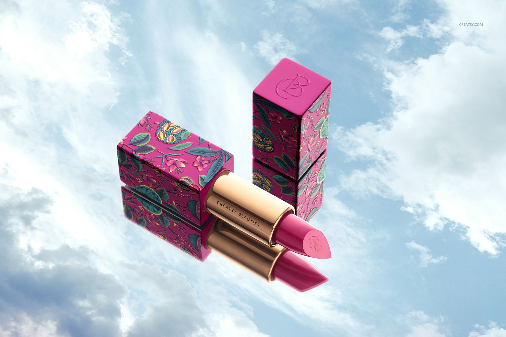 Classic lipstick mockup featuring gold tubes and vibrant pink lipstick, with decorative cases and a sky background.