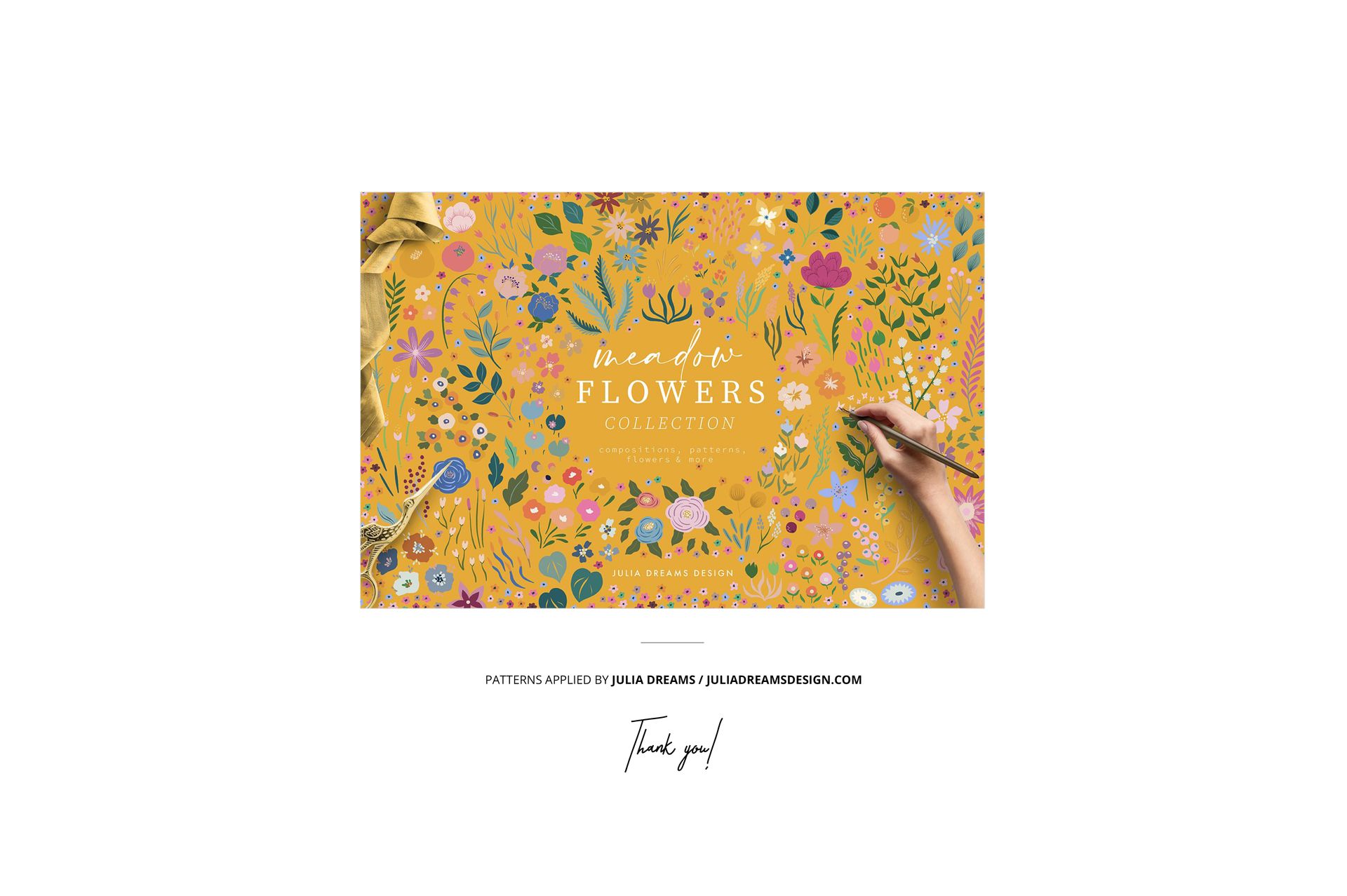 Fabric buttons mockup featuring a top view of yellow fabric with colorful floral patterns and a hand drawing details.