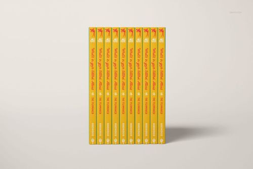PSD mockup featuring several hardcover books with bright yellow spines and bold red titles, displayed upright in a row.