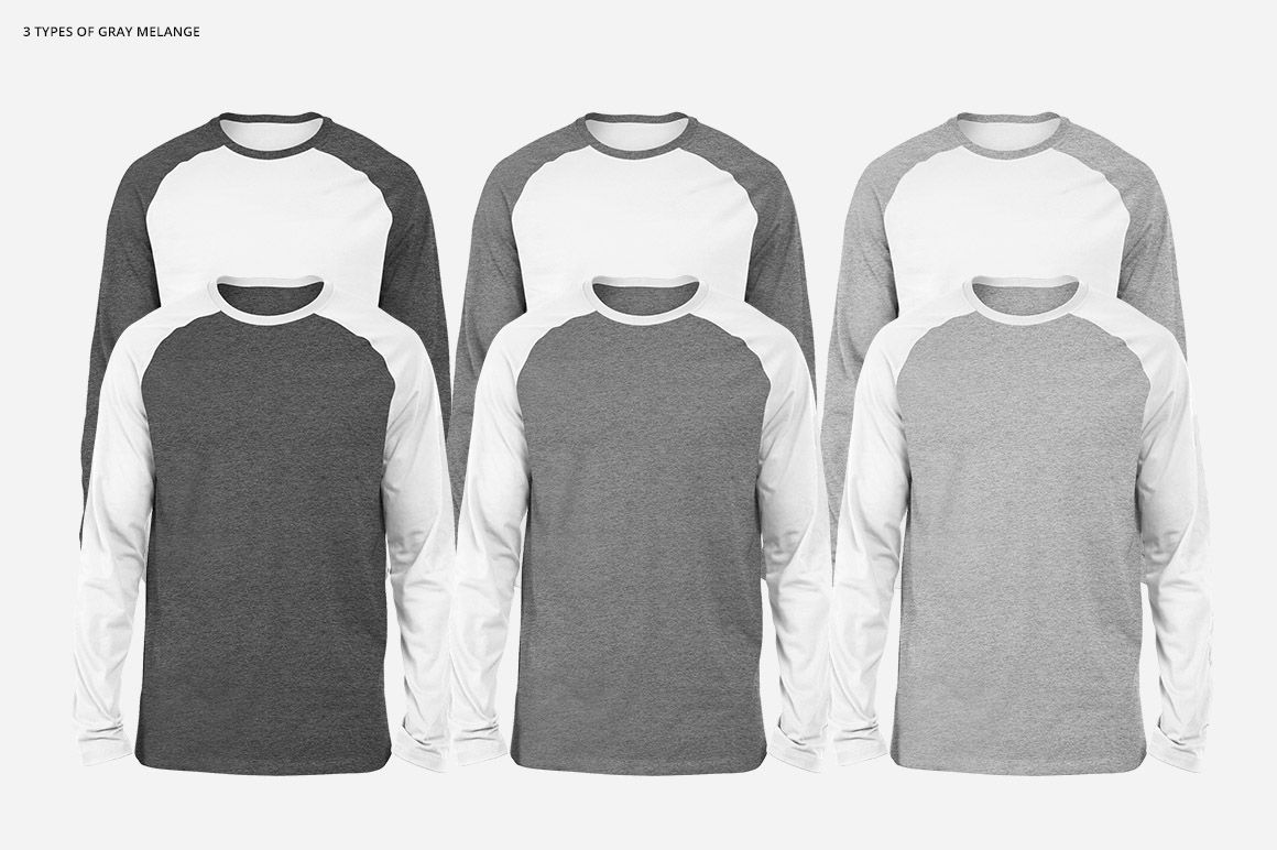 Set of three raglan longsleeve PSD mockups, each with contrasting gray and white panels, displayed front-facing.