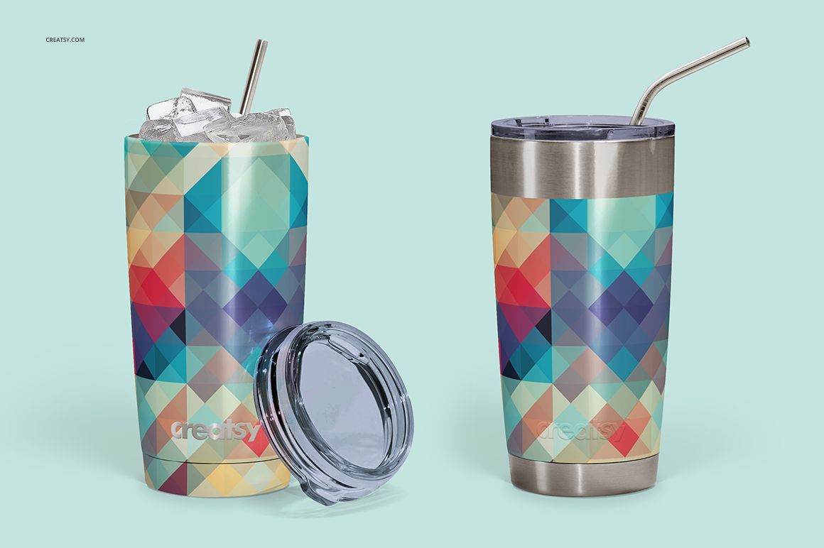 Two powder coated tumblers with geometric multicolor patterns, one with ice and straw, on a light blue background.