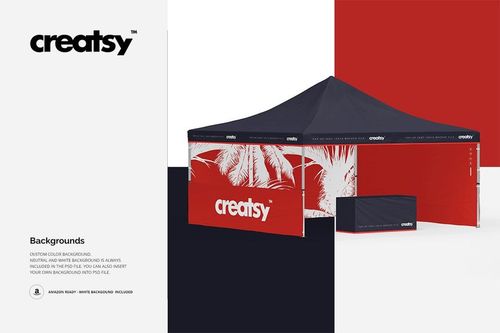 Square pop up tent mockup with red and black color scheme, white palm leaf design, and matching rectangular counter.