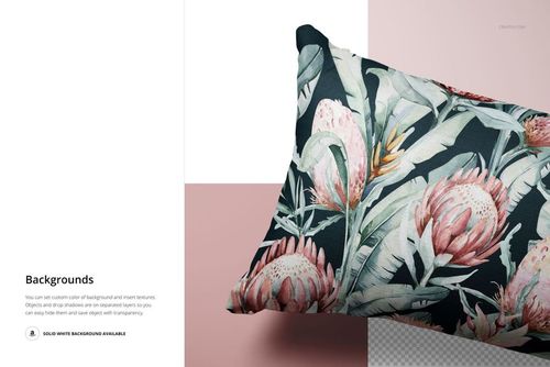 Rectangular pillow mockup featuring a detailed floral design in shades of green and pink, shown from a side angle.