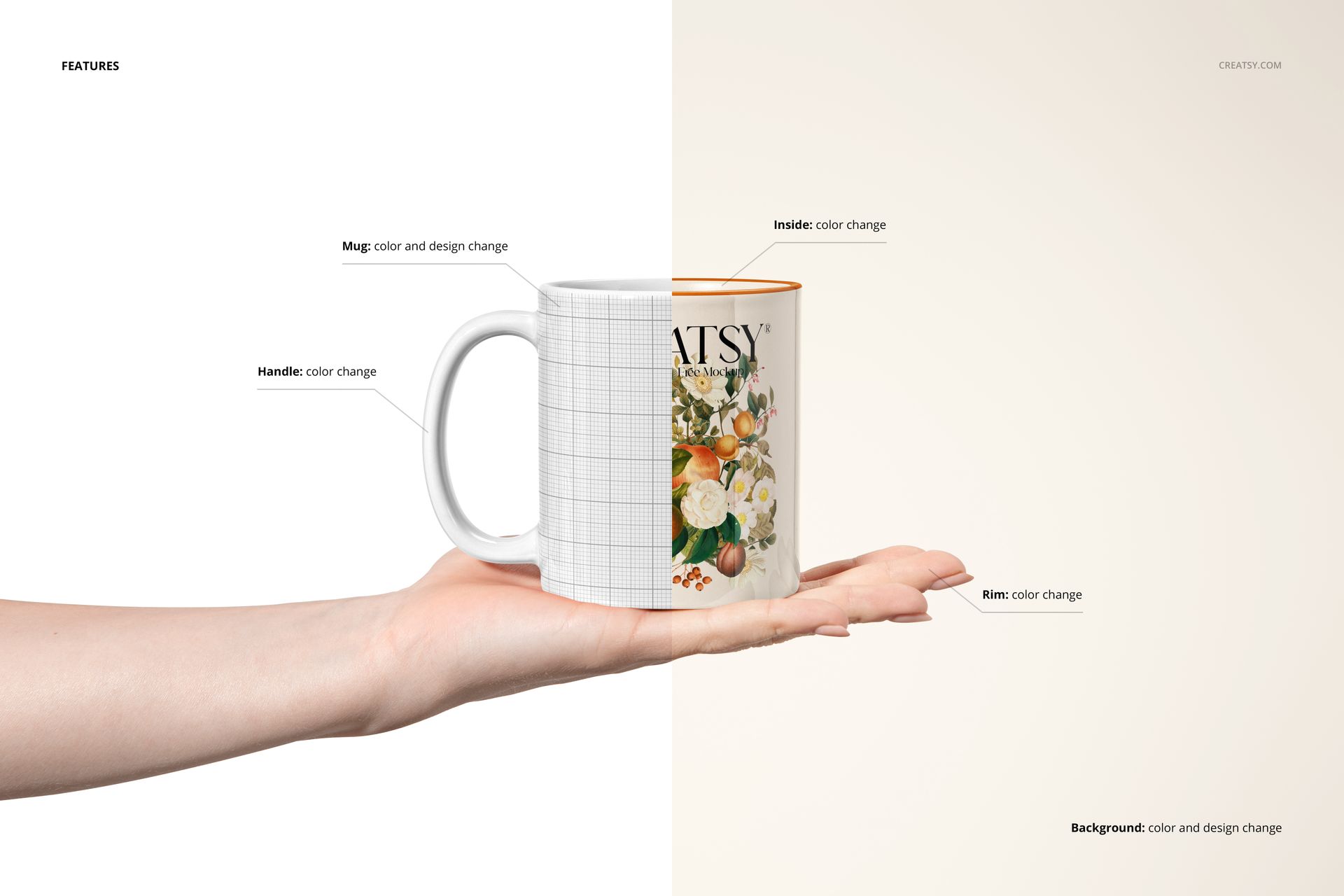 Hand holding a coffee mug mockup with split design, featuring a grid pattern on one side and floral artwork on the other.