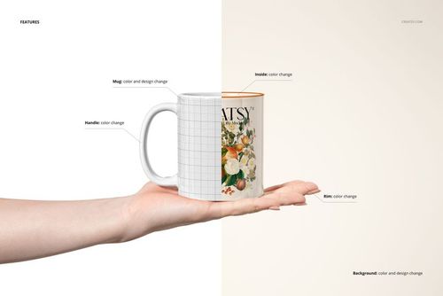 Hand holding a coffee mug mockup with split design, featuring a grid pattern on one side and floral artwork on the other.