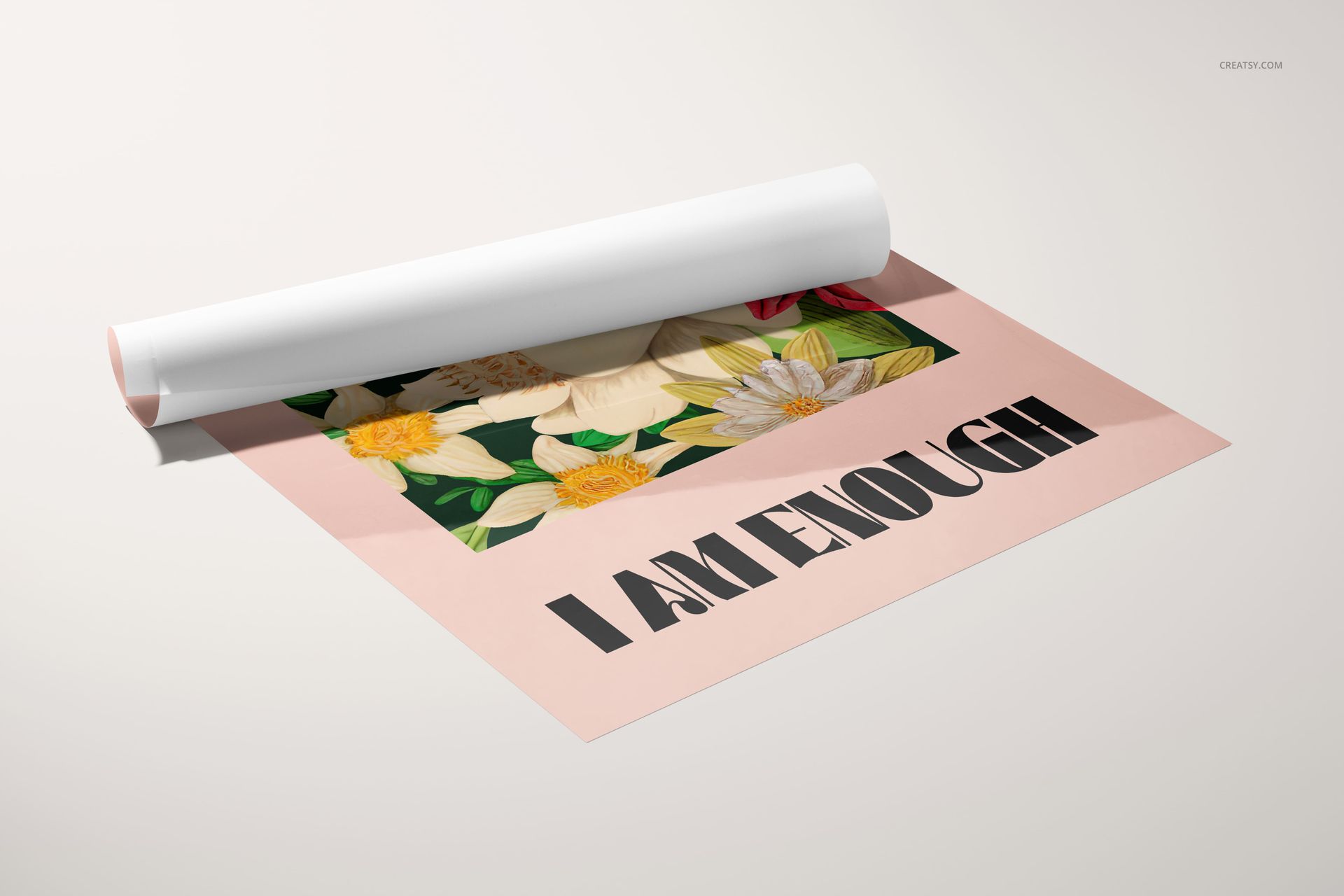 Glossy PVC poster mockup featuring a rolled edge, floral artwork in the center, and bold text on a pale background.