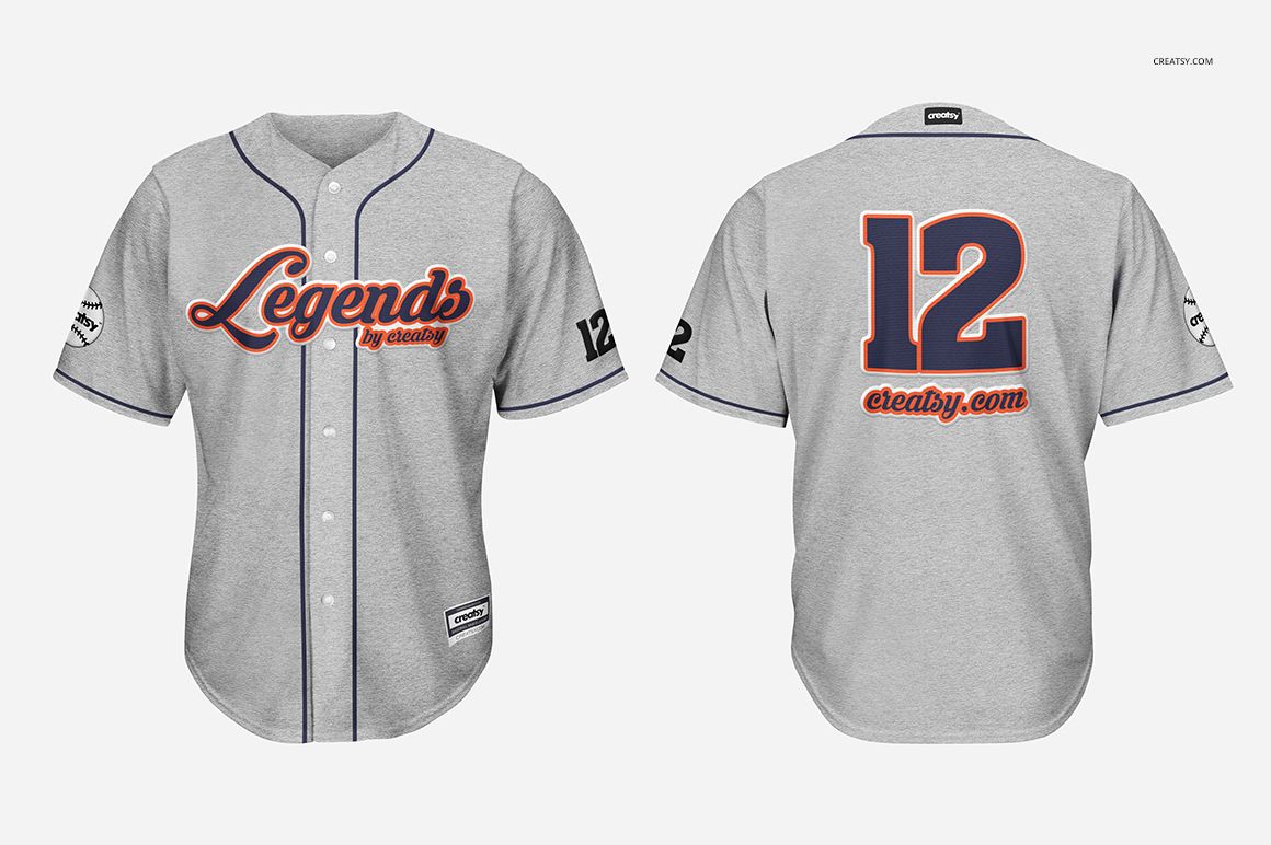 Gray baseball jersey mockup showing front and back, featuring blue trim, orange lettering, and number 12 on back.