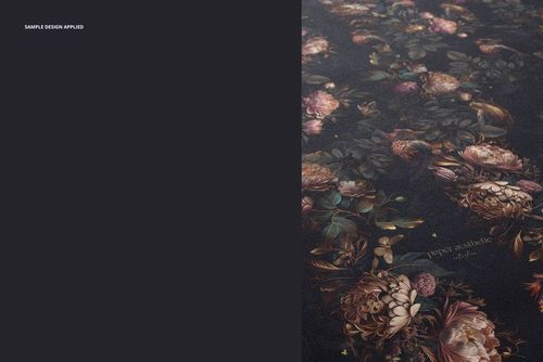 PSD mockup of non-woven vinyl wallpaper featuring intricate flowers and leaves on a dark background, close perspective.