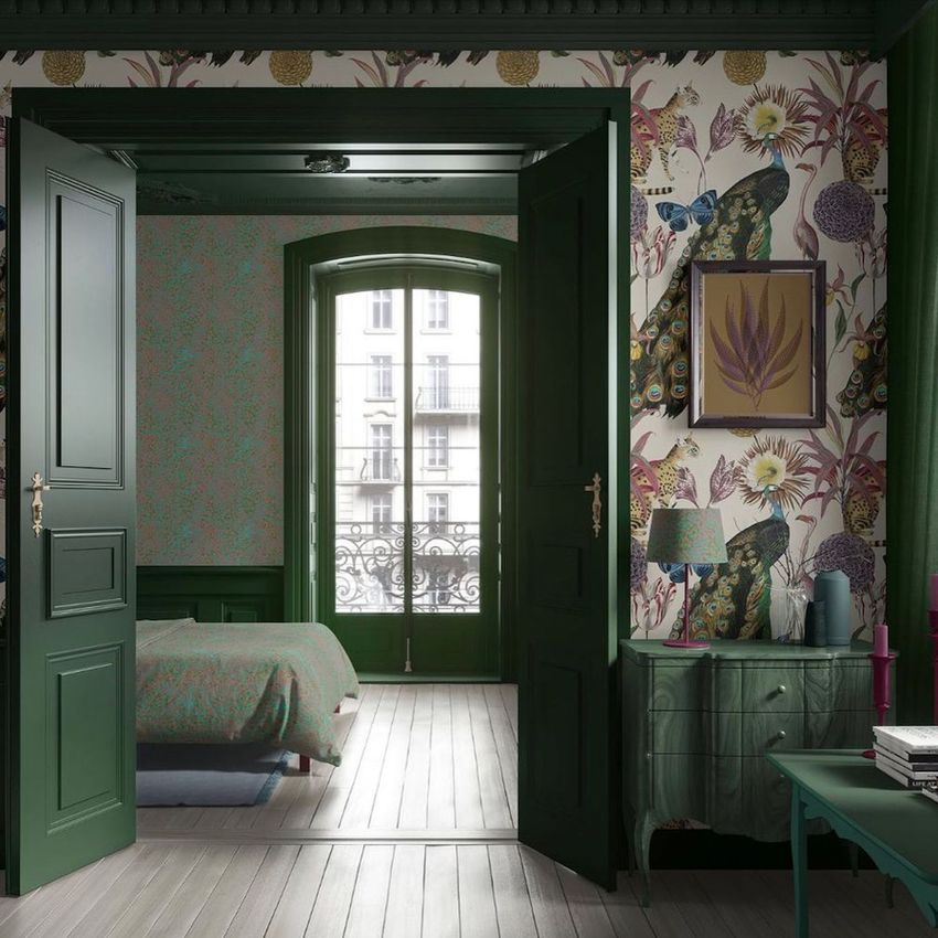 Classical apartment wallpaper mockup showing a room with floral patterned wallpaper, green doors, and a matching dresser.