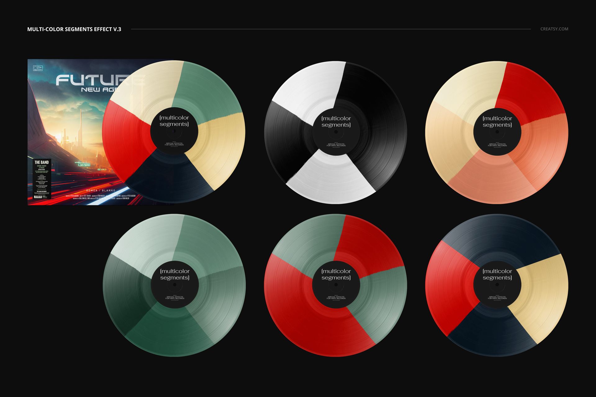 PSD mockup set showing six segmented vinyl records in various colors and a cover with a cityscape illustration.