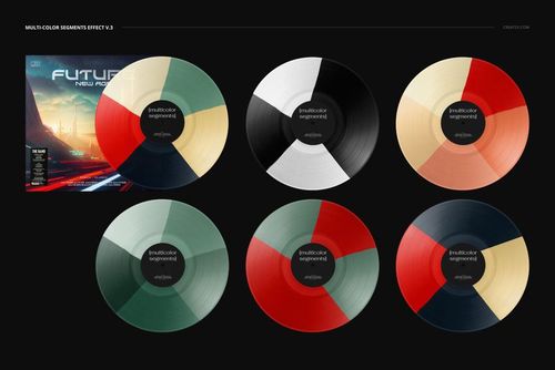 PSD mockup set showing six segmented vinyl records in various colors and a cover with a cityscape illustration.