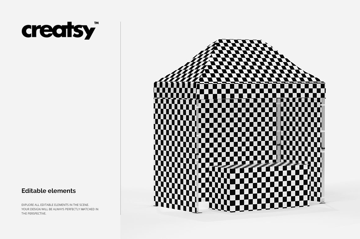 Mockup of a 5x10 pop up tent featuring a bold checkered design, displayed in a clean studio setting.
