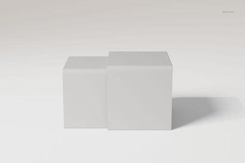 Front view of two square nesting tables in a minimalist 3D scene, featuring smooth white surfaces and simple shapes.