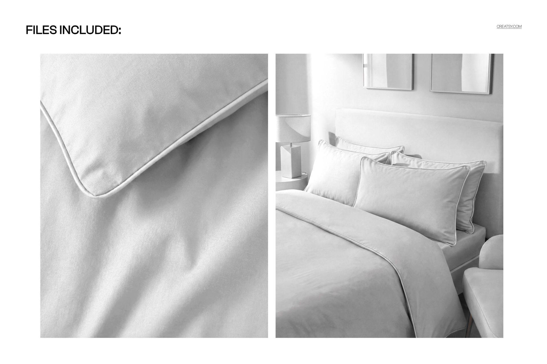 Close-up of bedding set with piped edges, featuring a smooth fabric texture and soft neutral tones in a bedroom mockup.