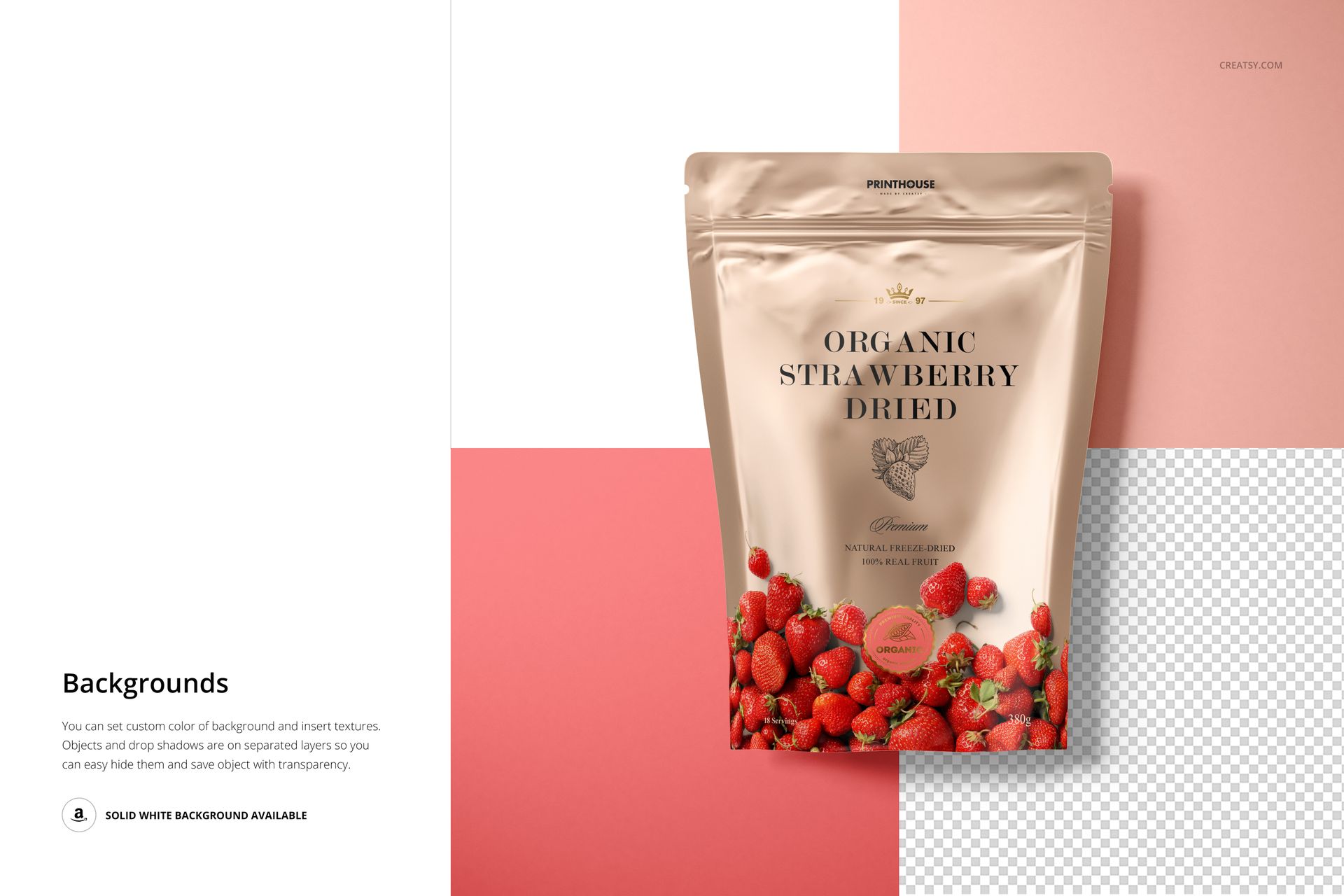 Front view of a metallic zip lock pouch mockup featuring strawberry illustrations and a mix of colored backgrounds.