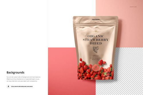 Front view of a metallic zip lock pouch mockup featuring strawberry illustrations and a mix of colored backgrounds.