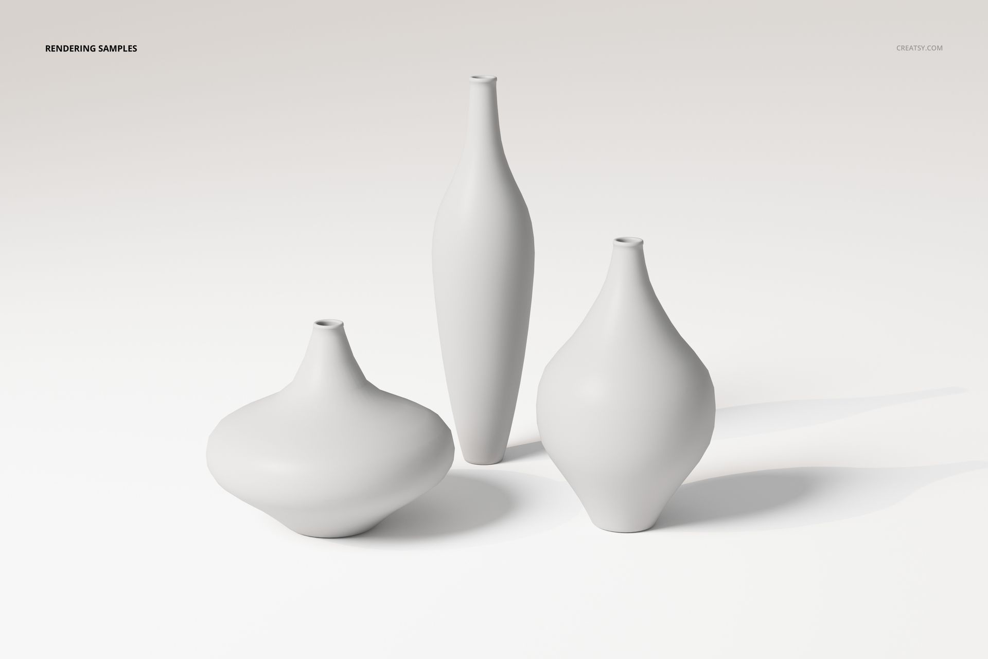 Three decorative vases in different sizes and shapes, rendered in matte white, displayed on a neutral background.