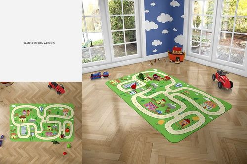 Kids room carpet mockup showing a green play mat with road and building patterns on a wood floor, perspective view.
