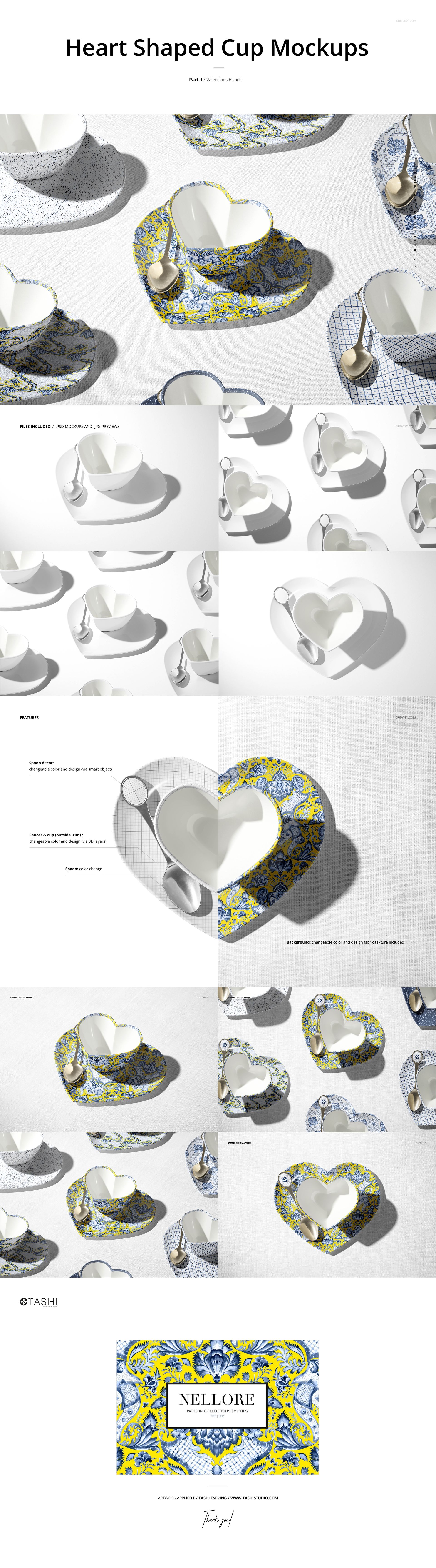 Valentine-themed PSD mockup of heart-shaped cups with patterned exteriors and white interiors, presented in overhead and side views.