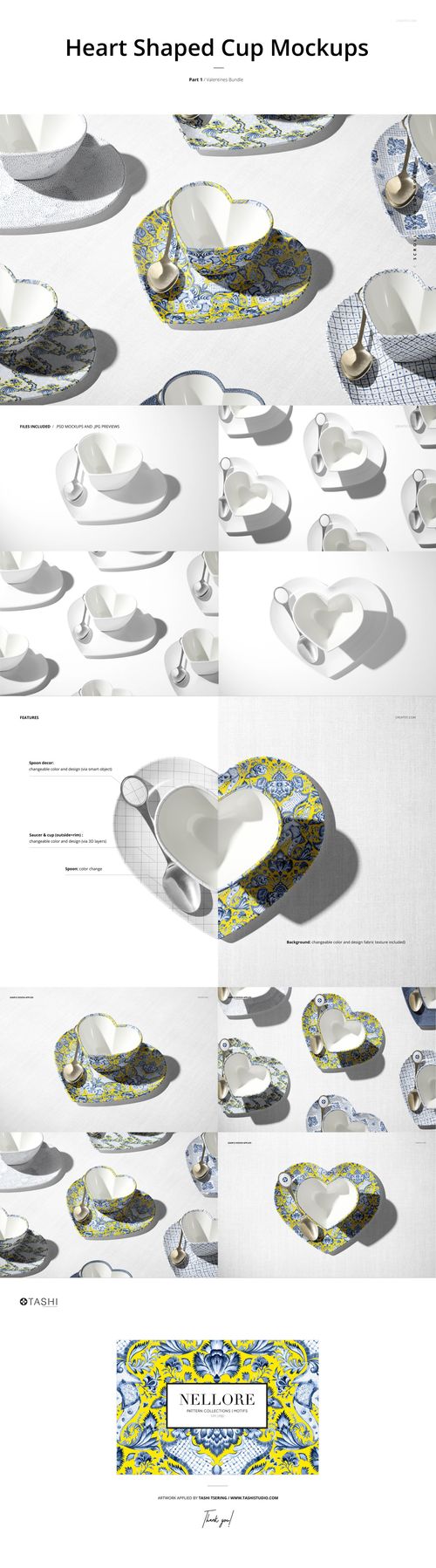 Valentine-themed PSD mockup of heart-shaped cups with patterned exteriors and white interiors, presented in overhead and side views.