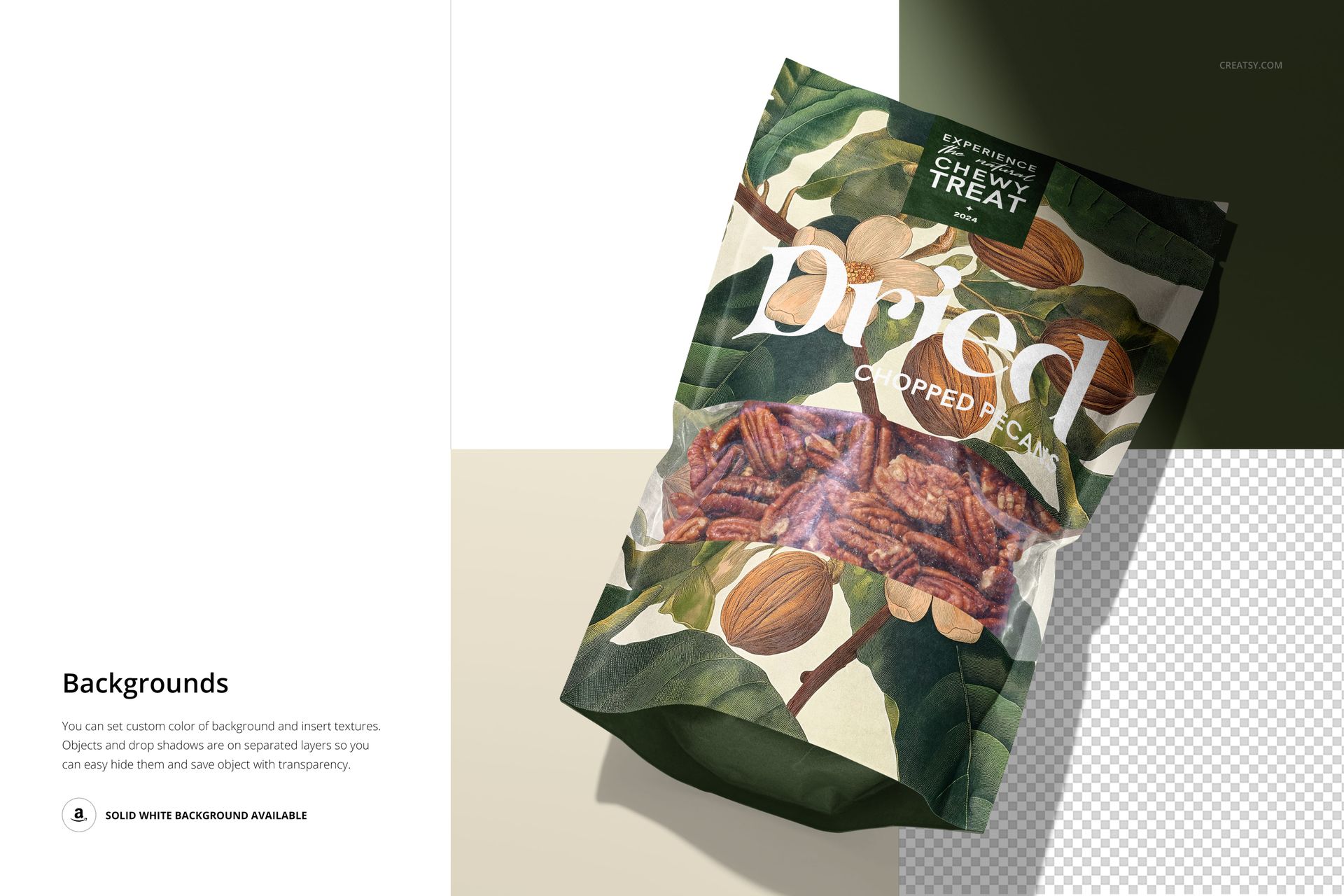 Front view of a paper pouch mockup featuring chopped pecans, with a botanical pattern and realistic lighting.