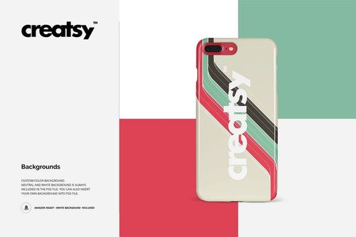iPhone 7 Plus glossy case mockup featuring bold diagonal stripes and large white text, displayed against color blocks.