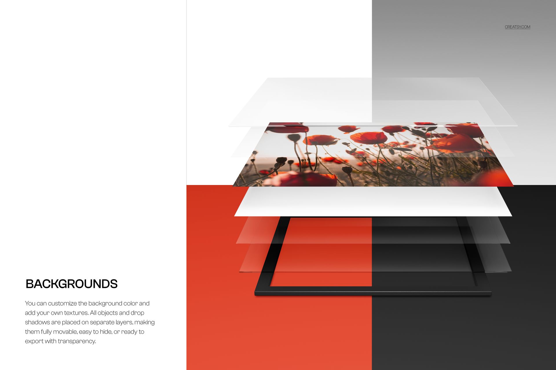 Exploded view of an acrylic photo print mockup showing layered components with a floral image at the center.