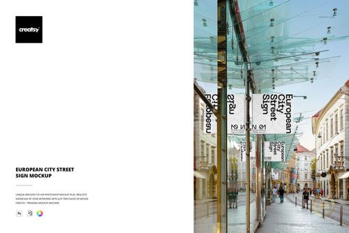 PSD mockup of transparent vertical signs on a European city street, showing reflections and urban architecture in daylight.