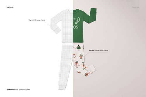 Front view of a two-piece toddler pajama mockup set with one half showing a green top and festive patterned bottoms.