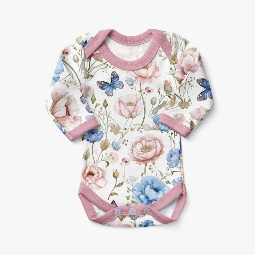 Baby long sleeve bodysuit mockup featuring a floral and butterfly pattern in pastel colors with pink trim on a white background.