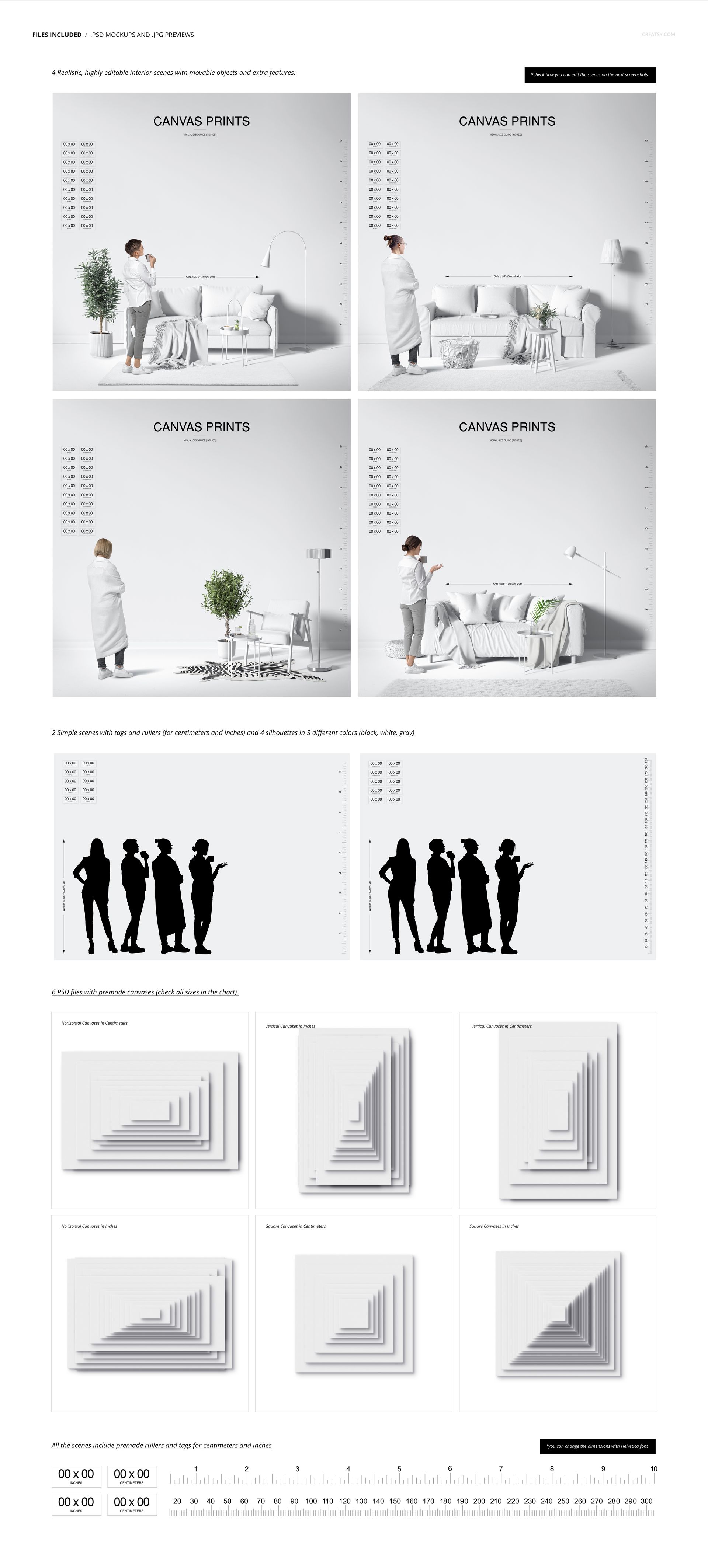 Canvas print size comparison mockup showing various canvas prints on white walls in modern interior settings with people for scale.