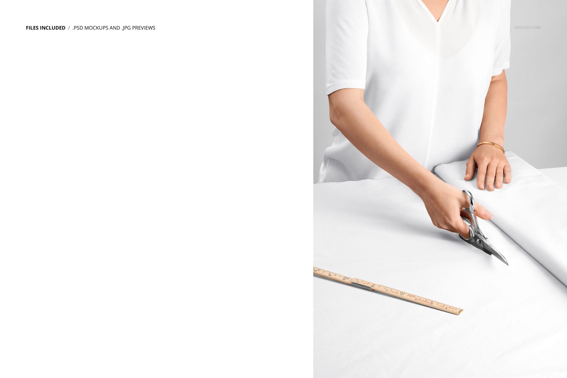 PSD mockup showing a person trimming white fabric from a bolt, scissors in hand and ruler on the workspace.