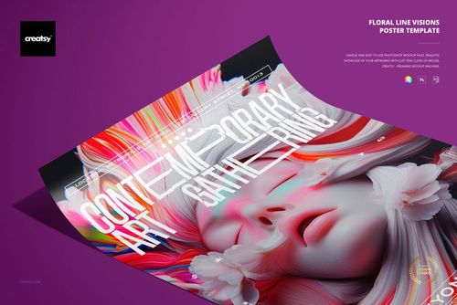 Contemporary art poster mockup featuring vibrant floral lines and a peaceful face, displayed at a slight angle.