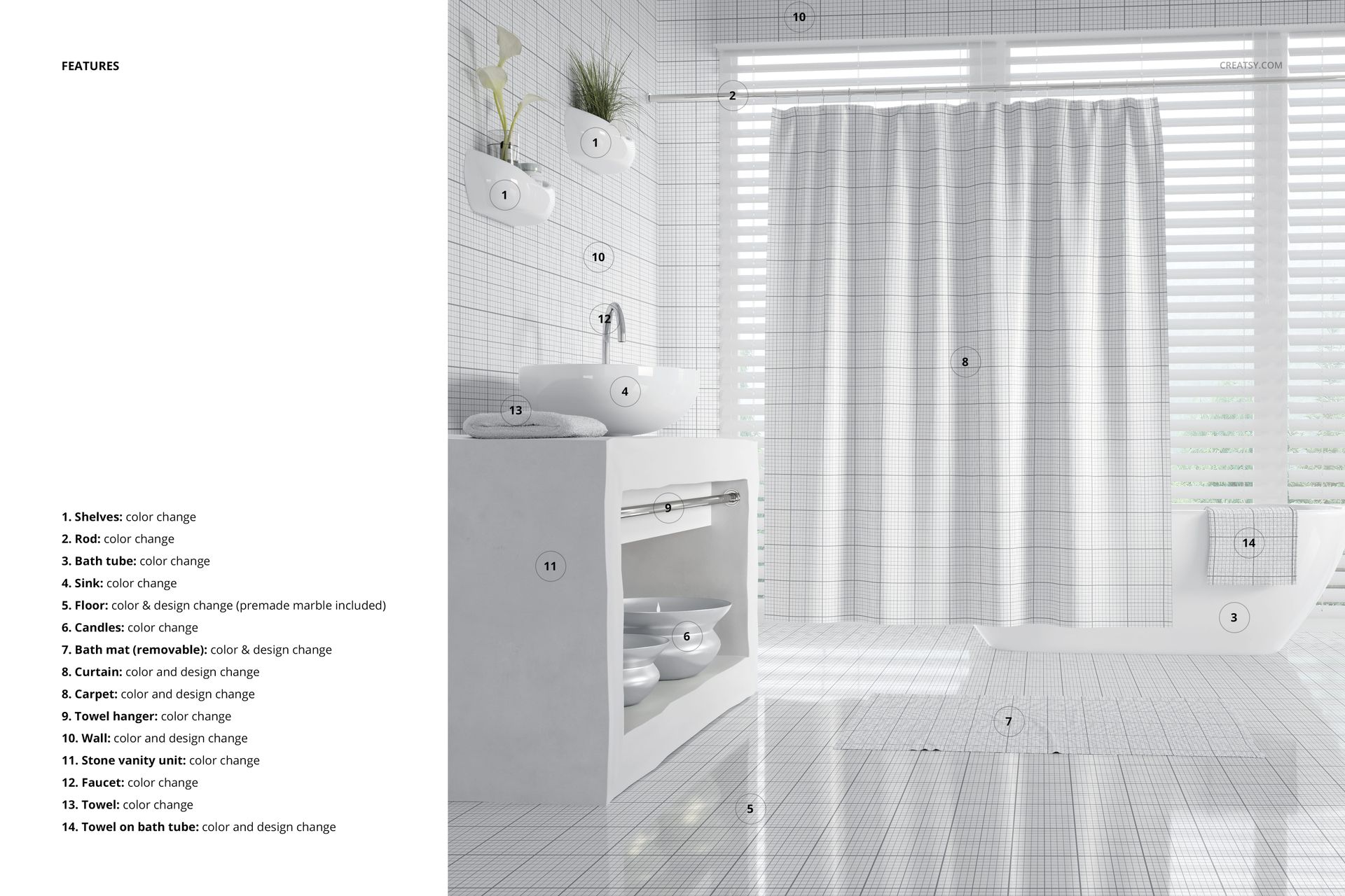 Elegant bathroom mockup with a white curtain, glossy tile surfaces, and decorative plants on a shelf near the window.