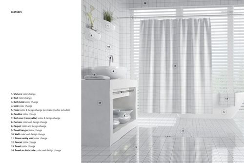 Elegant bathroom mockup with a white curtain, glossy tile surfaces, and decorative plants on a shelf near the window.