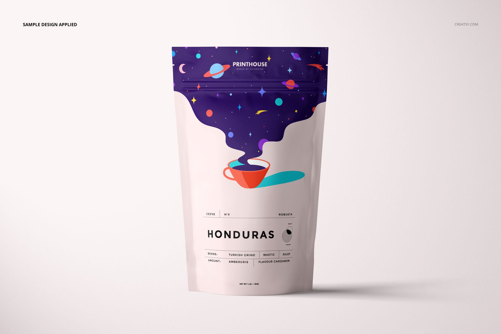 Front view of a stand up zip lock pouch mockup with a colorful space-themed design and coffee cup illustration.
