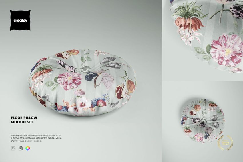 Floor pillow mockup featuring a circular cushion with multicolored flowers on a soft gray surface, displayed in two angles.