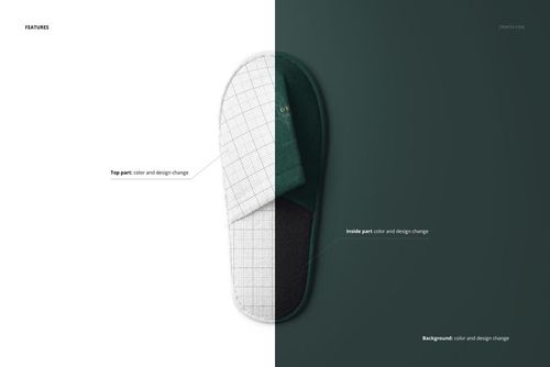 Hotel slipper mockup shown from top view, split design with left side in grid pattern and right side in green fabric on dark background.