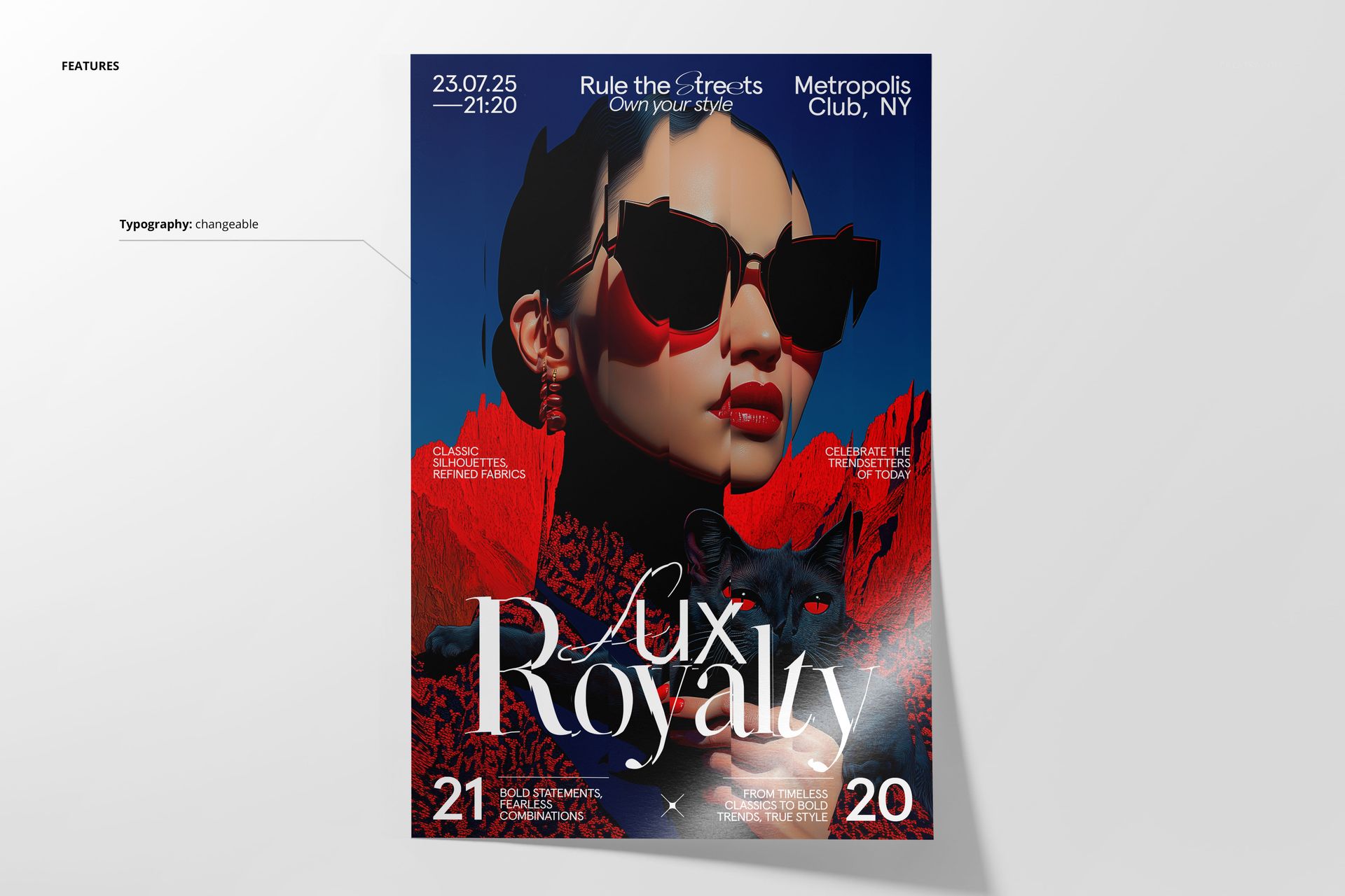 Front view of a poster mockup with bold red and blue background, white text, and event details on a light wall.