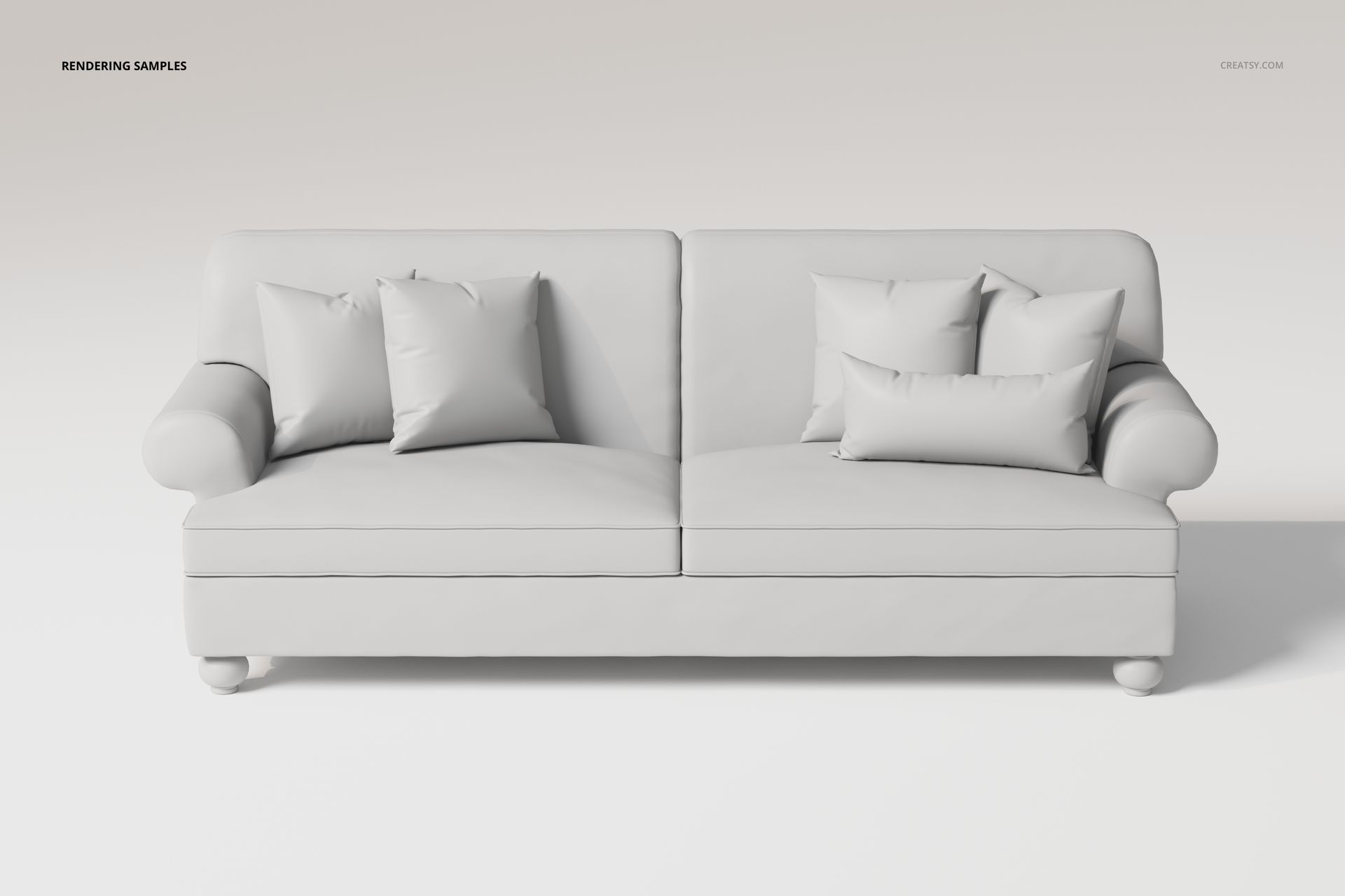 Front view of a retro style 2 seater sofa in light gray, featuring rounded arms and four matching throw pillows.