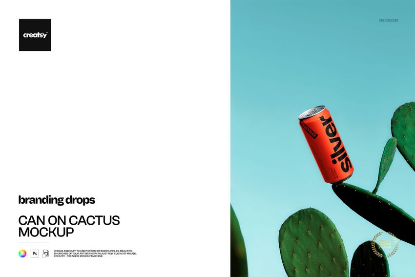 Red drink can with silver text balanced on a green cactus pad against a bright blue background, front view mockup.