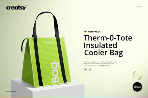 Therm-O-Tote insulated cooler bag mockup in bright green with black straps, shown from a front side perspective.